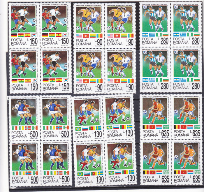 ROMANIA 1994 LP 1344 CAMPIONATUL MONDIAL DE FOTBAL S.U.A. SERIE IN X4 TIMBRE MNH