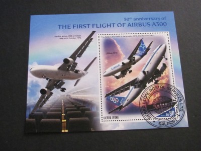 Sierra Leone 2022 Coliță &amp;ndash; 50 de Ani de la Primul Zbor Airbus A300, Airbus A310, Le 80, obliterat SalPost foto