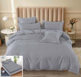 Cumpara ieftin Lenjerie Pat Bumbac Gri 4 Piese cu Elastic 180x200/200x230 cm - Husa Pilota, Cearceaf cu Elastic, Fete Perna 55x75/70x70 cm