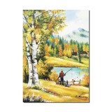 Tablou peisaj pictat manual, La pescuit, 70x50cm ulei pe panza, Constantin Feraru