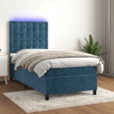 Gossi pat cu arcuri, saltea si led, bleumarin, 90x200 cm, catifea