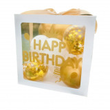 Cutie pentru baloane, flippy, tematica aniversare, model scris happy birthday, baloane aurii, albe si panglica incluse, contur alb, transparenta, 30x3