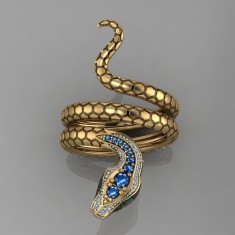 Inel exotic model sarpe, placat cu aur de 18 K, cu cristale de zirconiu albastre