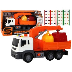 Camion de gunoi cu 2 containere si macara 26 cm portocaliu