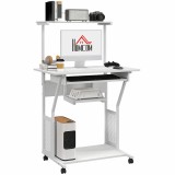 HOMCOM Birou de calculator pe role cu rafturi de depozitare, stație de lucru și suport pentru tastatură, 80x50x130cm, alb | Aosom Romania