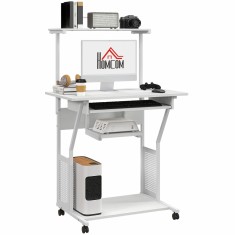 HOMCOM Birou de calculator pe role cu rafturi de depozitare, stație de lucru și suport pentru tastatură, 80x50x130cm, alb | Aosom Romania