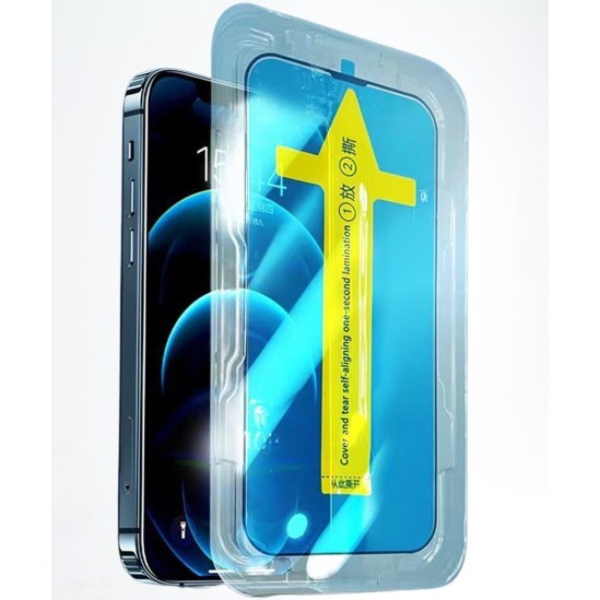 Folie sticla securizata cu sistem de montare usor si rapid flippy pentru apple iphone 14 / 13 / 13 pro, transparent cu margini negre