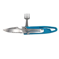 Set tacamuri pentru camping si drumetii, cutit si furculita, tip briceag, 16 cm, albastru