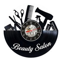 Ceas de perete decorativ realizat din disc de vinil, Model Beauty Salon, Foarfece, Pieptene, Uscator de Par si Bigudiuri, Negru Premium, 30 cm
