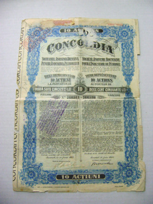 Actiuni Concordia 250 lei 1923 + 2 cupoane ptr. dividende anuale_nr. 76651-520 foto