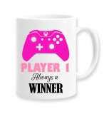 Cana alba personalizata &quot;Player 1, always a winner&quot;, INOVATIX&reg;. 330ml, Oem