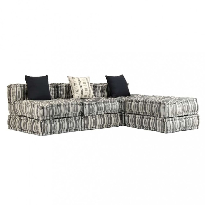 Canapea puf modulară cu 3 locuri, gri cu dungi, material textil