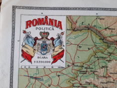 Harta &amp;quot;Romania politica&amp;quot; din atlasul C. Teodorescu 1924 foto