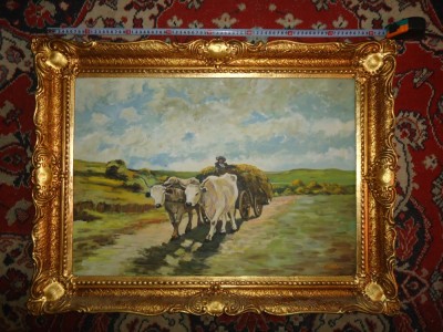 Tablou in ulei Carul Cu Boi (reproducere V. Vintila) [85x65cm] foto