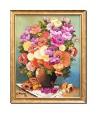 Tablou vaza cu flori pictat manual inramat, Parfum de sarbatoare, 55x45cm ulei panza, rama alba din lemn