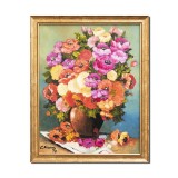 Tablou vaza cu flori pictat manual inramat, Parfum de sarbatoare, 55x45cm ulei panza, rama alba din lemn