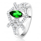Inel - zirconiu verde &icirc;n formă de bob, linii rotunjite, &amp;quot;8&amp;quot;, ştrasuri transparente, argint 925 - Marime inel: 57