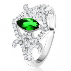 Inel - zirconiu verde în formă de bob, linii rotunjite, &quot;8&quot;, ştrasuri transparente, argint 925 - Marime inel: 54