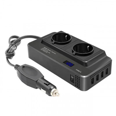 Invertor de tensiune portabil de la priza auto 12V la priza dubla EU 230V, 4 porturi USB, afisaj digital, 400 W foto