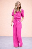 Special Design Buttoned Waist Lace-Up Linen Fuchsia Casual Jumpsuit