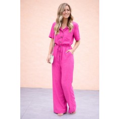 Special Design Buttoned Waist Lace-Up Linen Fuchsia Casual Jumpsuit