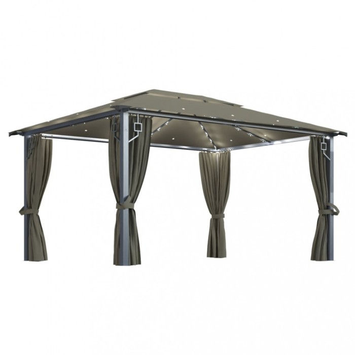 Pavilion cu perdele&amp;siruri lumini LED gri taupe 4x3m aluminiu