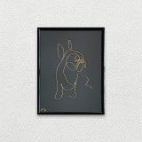 Bulldog, tablou sculptura din fir continuu de sarma placata cu aur, 19&times;25 cm