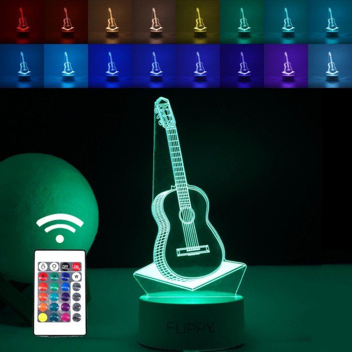 Lampa LED decorativa, Flippy, 3D, Chitara, din material acril si lumina multicolora, alb