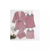 Cumpara ieftin Set Pijama de Dama 4 Piese din Catifea Roz Pudra