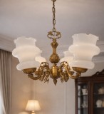 Spectaculos candelabru din bronz 5 brațe cu abajururi din sticla