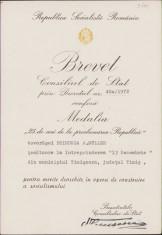 A1606 Brevet medalie 25 ani de la proclamarea republicii 1972 foto