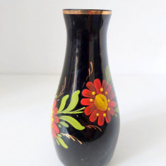 * Vaza de sticla neagra pictata manual cu motiv floral, 14cm