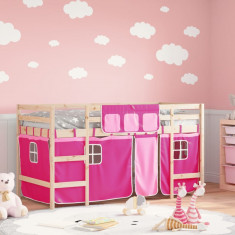 vidaXL Pat etajat de copii cu perdele, roz, 90x200 cm, lemn masiv pin