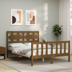 vidaXL Cadru de pat cu tablie, dublu mic, maro miere, lemn masiv foto