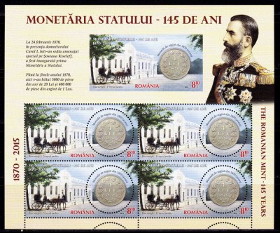 RO 2015 LP 2068 a &amp;quot;145 ani Monetaria Statului &amp;quot;,mcoala 4M dant+ 1M nedant. , MNH foto