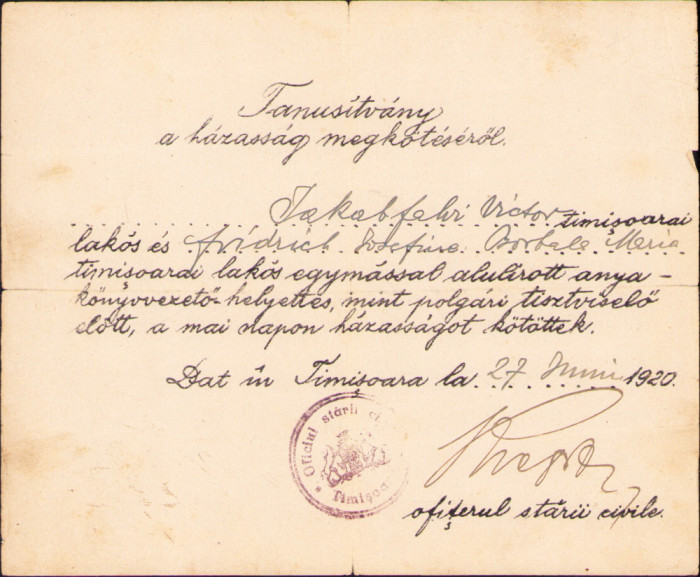 HST A1466 Certificat de căsătorie 1920 Timișoara