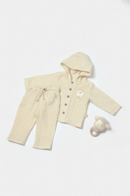 Set bluza cu gluga si pantaloni, Winter muselin, 100% bumbac - Stone, BabyCosy (Marime: 6-9 luni) foto