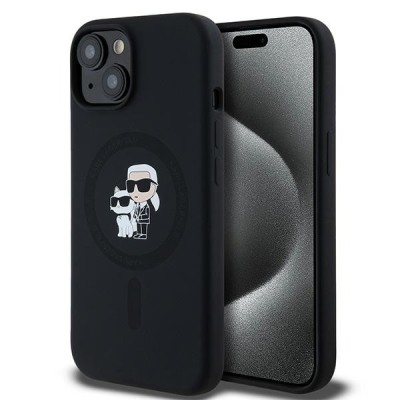 Husa MagSafe pentru Apple iPhone 15 Plus, Karl Lagerfeld, Silicone Karl &amp;amp; Choupette, Neagra foto
