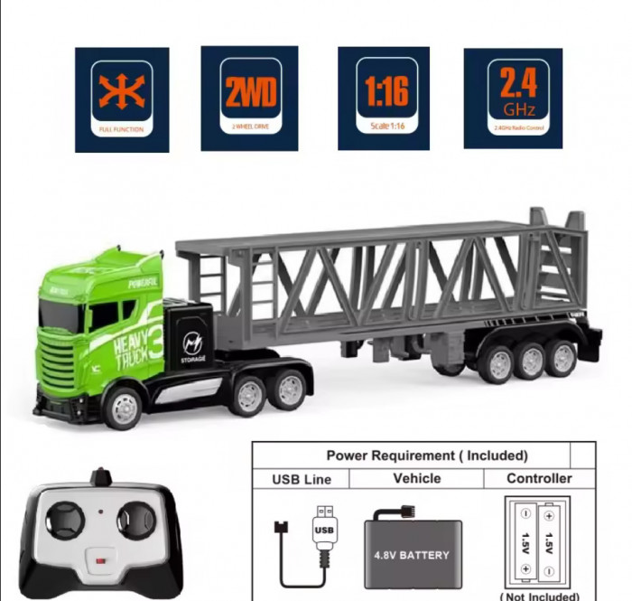 Camion semiremorca Transportor cu telecomanda, incarcare USB, acumulator inclus, 45x7x10cm