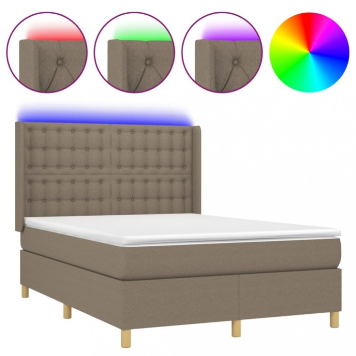 Pat cu arcuri, saltea si LED, gri taupe, 140x200 cm, textil