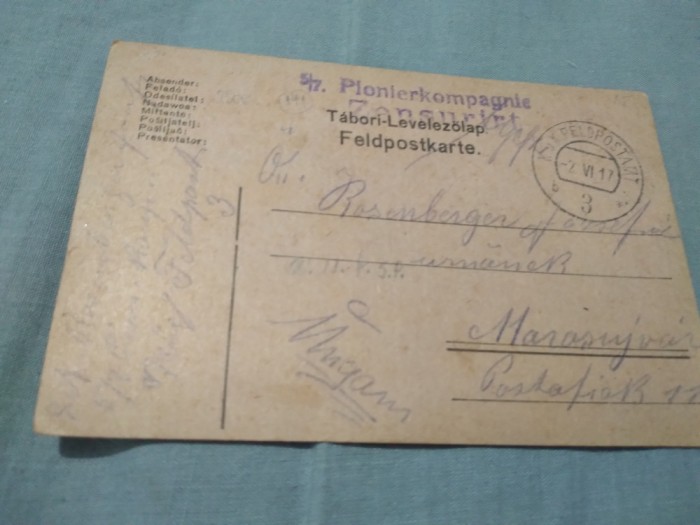 CARTE POSTALA MILITARA 1917 CIRCULATA LA OCNA MURES