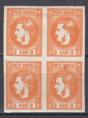 ROMANIA 1868 LP 21 REGELE CAROL I CU FAVORITI 2 BANI PORTOCALIU BLOC DE 4 TIMBRE GUMA ORIGINALA SARNIERA foto