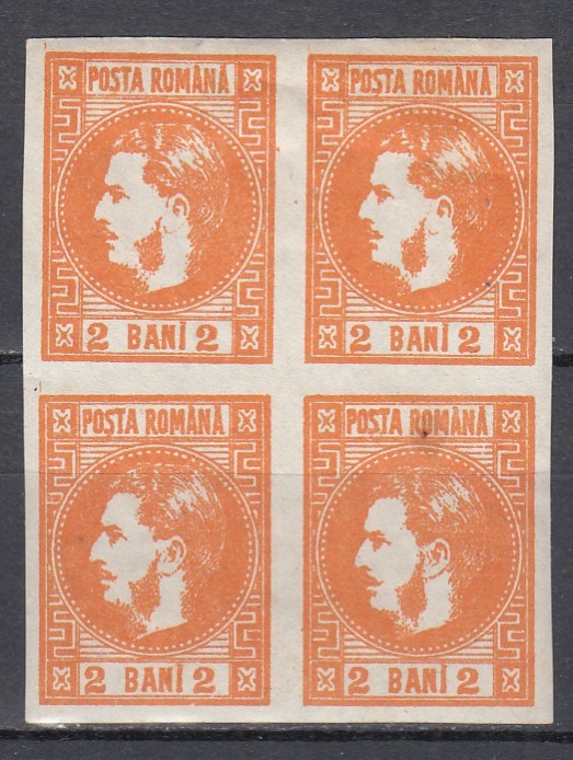 ROMANIA 1868 LP 21 REGELE CAROL I CU FAVORITI 2 BANI PORTOCALIU BLOC DE 4 TIMBRE GUMA ORIGINALA SARNIERA