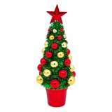 Brad De Crăciun Decorativ, Tinsel, 39 cm, Globuri Aurii și Roșii, Stea Roșie, Bază Roșie, Oem