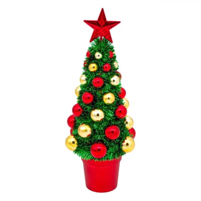 Brad De Crăciun Decorativ, Tinsel, 39 cm, Globuri Aurii și Roșii, Stea Roșie, Bază Roșie foto