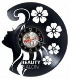 Ceas de perete decorativ disc vinil, Model Beauty Salon, Negru, 30 cm, Mecanism Quartz Silentios