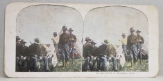 SOLDATI AMERICANI IN CAMP LA SANTIAGO , CUBA , FOTOGRAFIE STEREOSCOPICA , POLICROMA, PE CARTON , PRIMUL RAZBOI MONDIAL