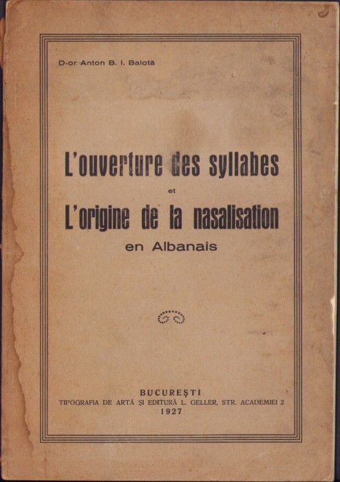 HST C2042 L&#039;ouverture des syllabes .. en Albanais 1927 Anton Balotă