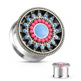 Plug din oțel &icirc;ntr-o culoare argintie - floare cu petale roz și albastru - Lățime: 14 mm