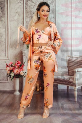 L834RR-5222 Set 3 piese pijama casual din material satinat foto